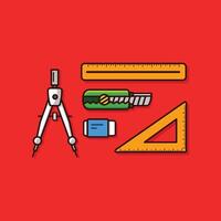 Set of school supplies. illustration in flat style. Isolated on red background. vector