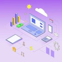 Isometric infographic illustration with a laptop as the main object vector