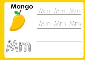 Letter m worksheet with mango. Alphabet Tracing Activity Workbook in Colorful Cute Illustrative Style vector