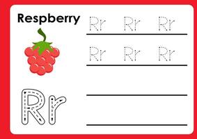 Letter r worksheet with respberry. Alphabet Tracing Activity Workbook in Colorful Cute Illustrative Style vector