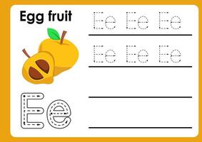 Letter e worksheet with egg fruit. Alphabet Tracing Activity Workbook in Colorful Cute Illustrative Style vector