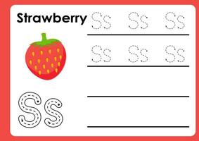 Letter s worksheet with strawberry. Alphabet Tracing Activity Workbook in Colorful Cute Illustrative Style vector