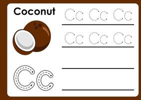 Letter c worksheet with coconut. Alphabet Tracing Activity Workbook in Colorful Cute Illustrative Style vector