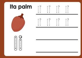 Letter i worksheet with ita palm. Alphabet Tracing Activity Workbook in Colorful Cute Illustrative Style vector