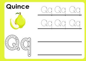 Letter q worksheet with quince. Alphabet Tracing Activity Workbook in Colorful Cute Illustrative Style vector
