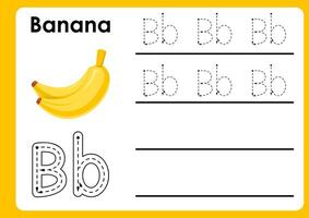 Letter b worksheet with banana. Alphabet Tracing Activity Workbook in Colorful Cute Illustrative Style vector