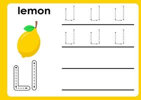 Letter l worksheet with lemon. Alphabet Tracing Activity Workbook in Colorful Cute Illustrative Style vector
