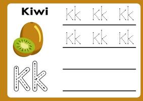 Letter k worksheet with kiwi. Alphabet Tracing Activity Workbook in Colorful Cute Illustrative Style vector