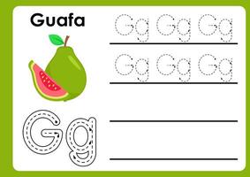 Letter g worksheet with guava. Alphabet Tracing Activity Workbook in Colorful Cute Illustrative Style vector