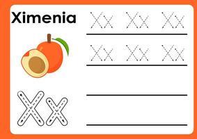 Letter x worksheet with ximenia. Alphabet Tracing Activity Workbook in Colorful Cute Illustrative Style vector