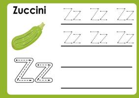 Letter z worksheet with zucchini. Alphabet Tracing Activity Workbook in Colorful Cute Illustrative Style vector