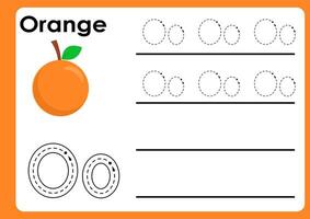 Letter o worksheet with orange. Alphabet Tracing Activity Workbook in Colorful Cute Illustrative Style vector