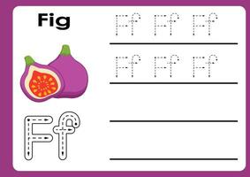 Letter f worksheet with fig. Alphabet Tracing Activity Workbook in Colorful Cute Illustrative Style vector