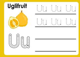 Letter u worksheet with uglifruit. Alphabet Tracing Activity Workbook in Colorful Cute Illustrative Style vector