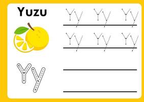 Letter y worksheet with yuzu. Alphabet Tracing Activity Workbook in Colorful Cute Illustrative Style vector