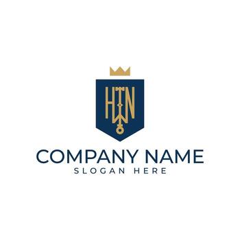 HWN initial logomark with shield and crown and key element represent wealth asset and properties in royal blue and gold color vector
