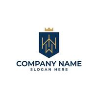 HW initial lettermark inside the shield and the crown on top with combination of royal blue and gold color give the logo luxury and elegance vibes vector