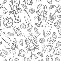 Simple hand drawn sea food seamless pattern in black and white colors. Lobsters, squids and oysters vector