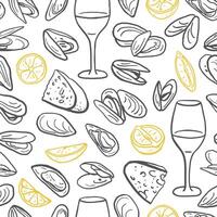 Minimalistic seamless pattern of mussels, lemons and wine. Hand drawn seafood design for fabric, textile, wrapping paper vector