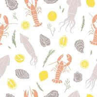Sea food colorful seamless pattern. Lobster, oysters and squid in hand drawn style. Underwater inhabitants vector