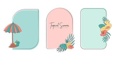 Set of hand drawn line art frames with tropical summer elements. Template frame for monogram, logo, invitation, postcard, and more. Vintage wreath illustration isolated on white background. vector