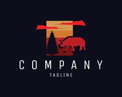 the silhouette of a rhinoceros logo in the middle of a forest appears from the side with great inspiration. it looks so beautiful with the amazing red sky. best for logo, badge, vector