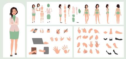 Business woman avatar creation suitable for animation. Generator, constructor of diverse views of face, body, hands and leg parts. Female character construction for comfortable fast motion design. vector