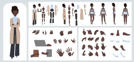 Business woman avatar creation suitable for animation. Generator, constructor of diverse views of face, body, hands and leg parts. Female character construction for comfortable fast motion design. vector