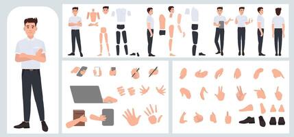 Business man avatar creation suitable for animation. Generator, constructor of diverse views of face, body, hands and leg parts. Male character construction for comfortable fast motion design. vector