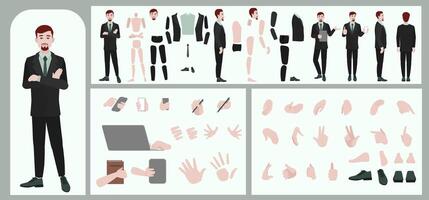 Business man avatar creation suitable for animation. Generator, constructor of diverse views of face, body, hands and leg parts. Male character construction for comfortable fast motion design. vector