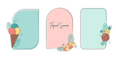 Set of hand drawn line art frames with tropical summer elements. Template frame for monogram, logo, invitation, postcard, and more. Vintage wreath illustration isolated on white background. vector