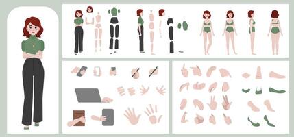 Business woman avatar creation suitable for animation. Generator, constructor of diverse views of face, body, hands and leg parts. Female character construction for comfortable fast motion design. vector