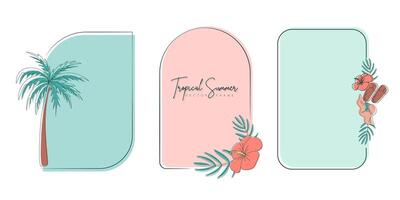 Set of hand drawn line art frames with tropical summer elements. Template frame for monogram, logo, invitation, postcard, and more. Vintage wreath illustration isolated on white background. vector