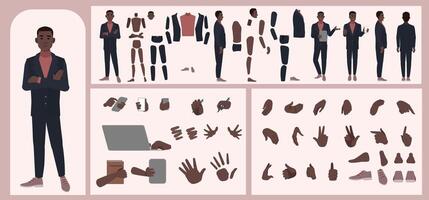 Business man avatar creation suitable for animation. Generator, constructor of diverse views of face, body, hands and leg parts. Male character construction for comfortable fast motion design. vector