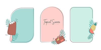 Set of hand drawn line art frames with tropical summer elements. Template frame for monogram, logo, invitation, postcard, and more. Vintage wreath illustration isolated on white background. vector