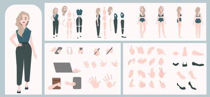 Business woman avatar creation suitable for animation. Generator, constructor of diverse views of face, body, hands and leg parts. Female character construction for comfortable fast motion design. vector
