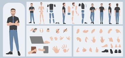 Business man avatar creation suitable for animation. Generator, constructor of diverse views of face, body, hands and leg parts. Male character construction for comfortable fast motion design. vector