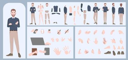 Business man avatar creation suitable for animation. Generator, constructor of diverse views of face, body, hands and leg parts. Male character construction for comfortable fast motion design. vector
