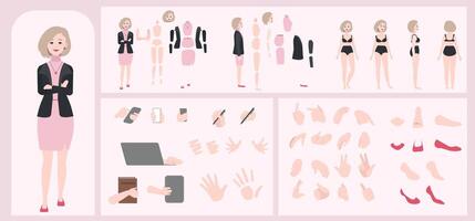 Business woman avatar creation suitable for animation. Generator, constructor of diverse views of face, body, hands and leg parts. Female character construction for comfortable fast motion design. vector