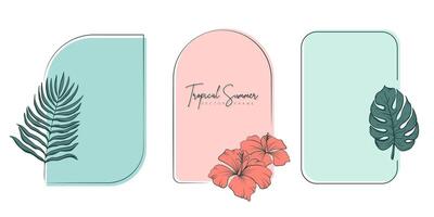 Set of hand drawn line art frames with tropical summer elements. Template frame for monogram, logo, invitation, postcard, and more. Vintage wreath illustration isolated on white background. vector