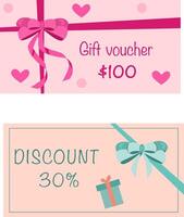 Gift vouchers with realistic bows and ribbon. design of discount card, certificat vector