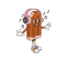 Retro groovy ice cream character with headphones vector