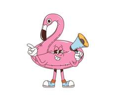 Retro groovy flamingo rubber floating ring, vector