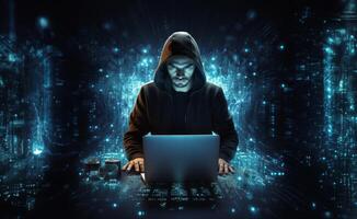 In this ominous snapshot, a hacker orchestrates digital mayhem using a laptop in a dimly lit office, embodying the clandestine world of cyber threats.Generated image photo