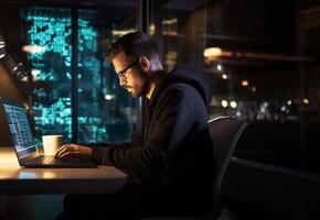 In this ominous snapshot, a hacker orchestrates digital mayhem using a laptop in a dimly lit office, embodying the clandestine world of cyber threats.Generated image photo