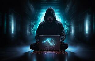 In this ominous snapshot, a hacker orchestrates digital mayhem using a laptop in a dimly lit office, embodying the clandestine world of cyber threats.Generated image photo