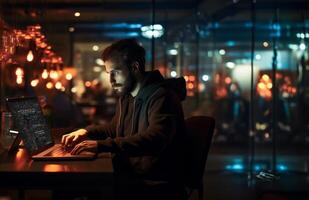 In this ominous snapshot, a hacker orchestrates digital mayhem using a laptop in a dimly lit office, embodying the clandestine world of cyber threats.Generated image photo