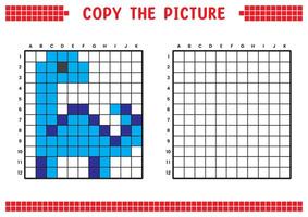 Copy the picture, complete the grid image. Educational worksheets drawing with squares. Preschool coloring activities, children's games. Pixel cartoon, illustration. Dinosaur, Brachiosaurus. vector