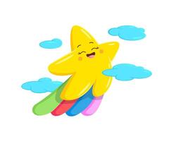 Cartoon kawaii star character on rainbow, clouds vector