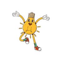Groovy cartoon lamp light bulb character, hippie vector
